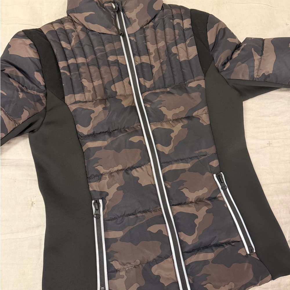 Aqua Camouflage Quilted Puffer Jacket with Black Stretch Panels